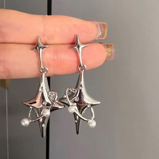 Picture of 1 Pair Y2K Earrings Silver Tone Four-pointed Star Imitation Pearl 4cm