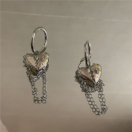 Picture of 1 Pair Y2K Earrings Silver Tone Heart Tassel 3.2cm