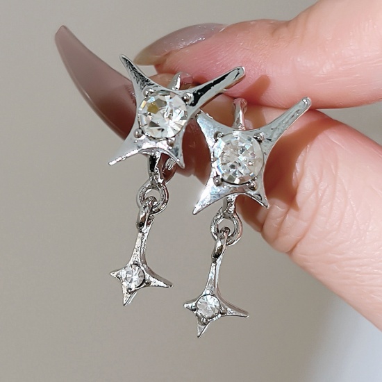 Picture of 1 Pair Y2K Earrings Silver Tone Four-pointed Star Clear Rhinestone 4cm
