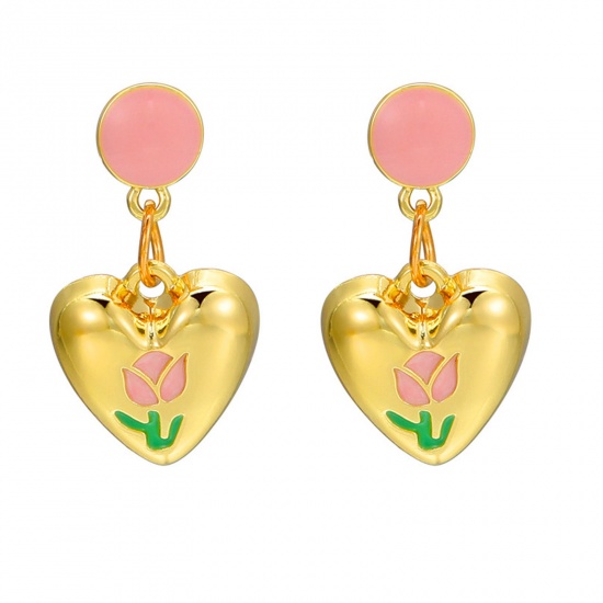 Picture of 1 Pair Y2K Earrings Gold Plated Heart Flower 2.7cm