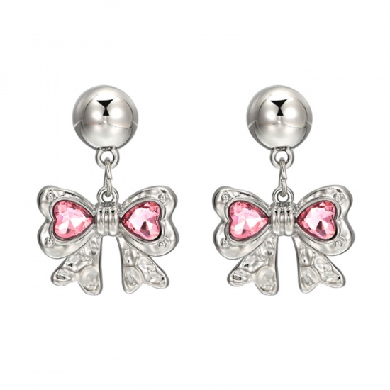 Picture of 1 Pair Y2K Earrings Silver Tone Bowknot Heart Pink Rhinestone 3cm