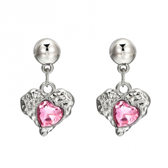 Picture of 1 Pair Y2K Earrings Silver Tone Heart Pink Rhinestone 3cm