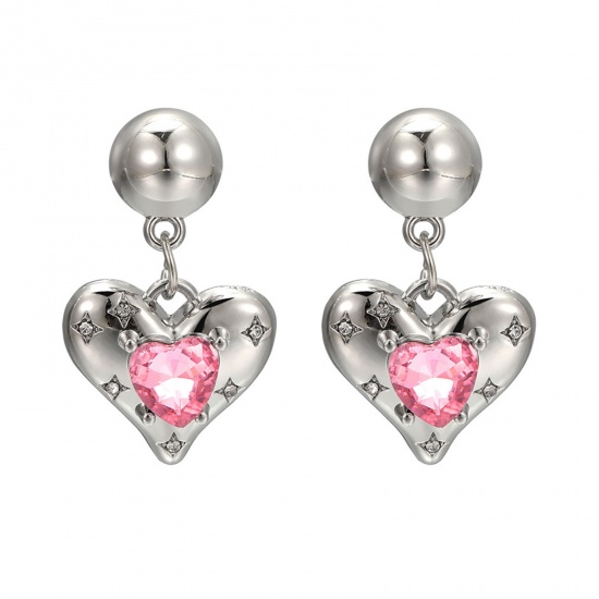 Picture of 1 Pair Y2K Earrings Silver Tone Heart Pink Rhinestone 3cm