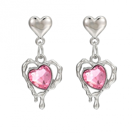 Picture of 1 Pair Y2K Earrings Silver Tone Heart Pink Rhinestone 4cm