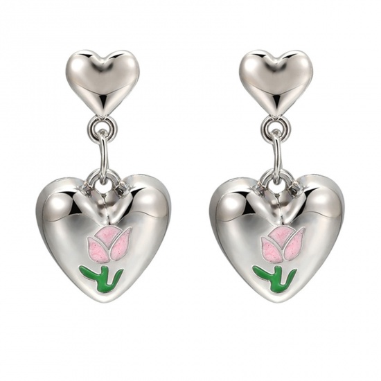 Picture of 1 Pair Y2K Earrings Silver Tone Heart Flower 2.7cm