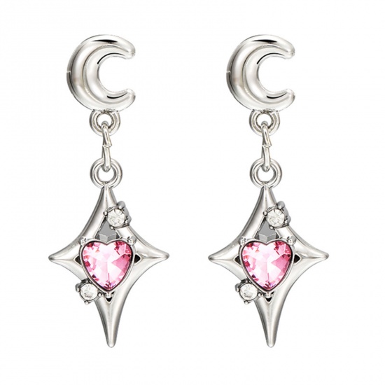 Picture of 1 Pair Y2K Earrings Silver Tone Heart Four-pointed Star Pink Rhinestone 6cm