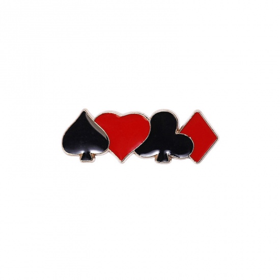 Picture of 1 Piece Retro Pin Brooches Poker Card Gold Plated Black & Red 3.5cm x 1.2cm