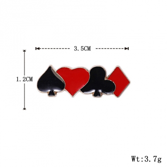 Picture of 1 Piece Retro Pin Brooches Poker Card Gold Plated Black & Red 3.5cm x 1.2cm