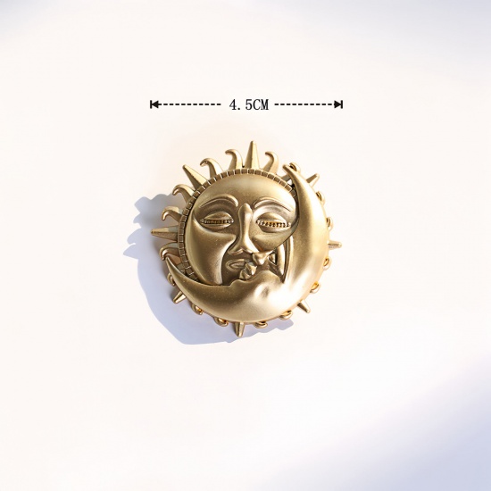 Immagine di 1 Pz Retrò Spilla Sole e Luna Faccia Oro Opaco 4.5cm x 4.5cm