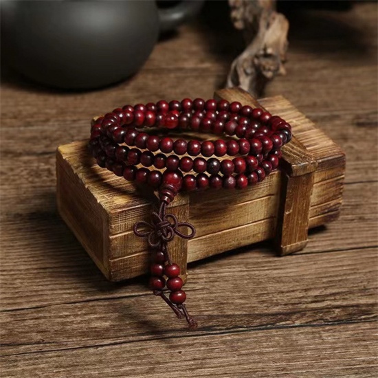 Picture of 1 Piece Wood Ethnic Dainty Bracelets Delicate Bracelets Beaded Bracelet Brown Red 65cm(25 5/8") long