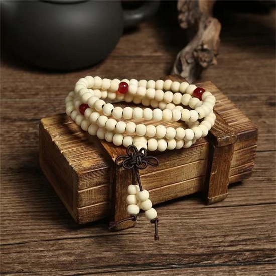 Picture of 1 Piece Wood Ethnic Dainty Bracelets Delicate Bracelets Beaded Bracelet White 65cm(25 5/8") long