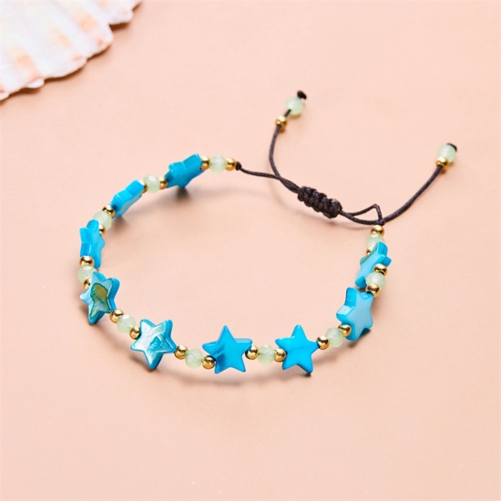 Picture of 1 Piece Boho Chic Bohemia Braided Bracelets Blue Pentagram Star Handmade 16cm - 26cm long