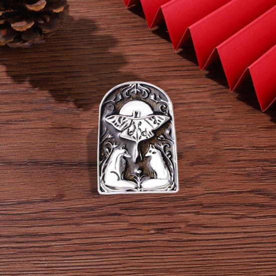 Picture of 1 Piece Retro Pin Brooches Fox Animal Halloween Tombstone Antique Silver Color 3.3cm x 2.4cm