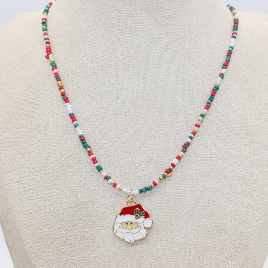 Picture of 1 Piece Lampwork Glass Stylish Pendant Necklace Multicolor Christmas Santa Claus Beaded 38cm(15") long