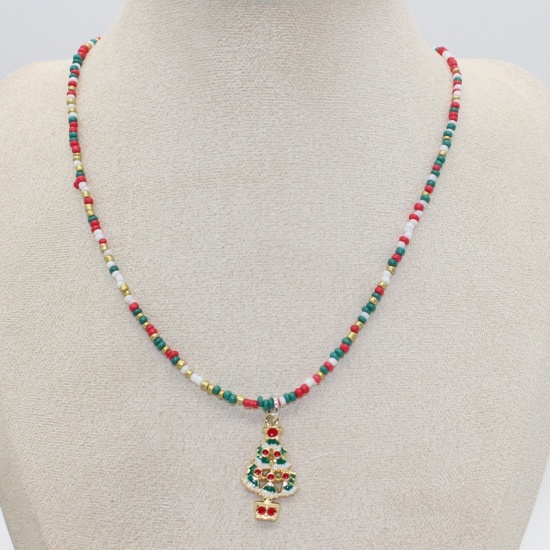 Picture of 1 Piece Lampwork Glass Stylish Pendant Necklace Multicolor Christmas Tree Beaded 38cm(15") long
