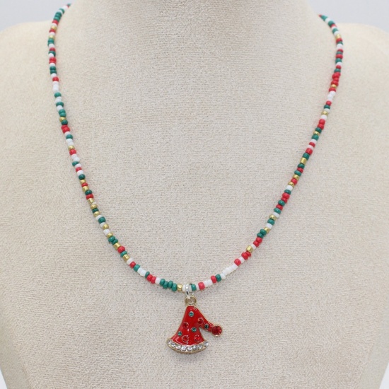 Picture of 1 Piece Lampwork Glass Stylish Pendant Necklace Multicolor Christmas Hats Beaded 38cm(15") long