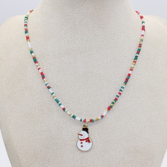 Picture of 1 Piece Lampwork Glass Stylish Pendant Necklace Multicolor Christmas Snowman Beaded 38cm(15") long