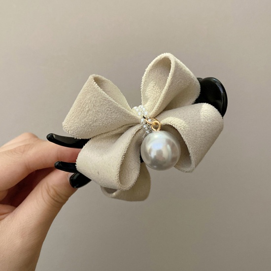 Immagine di 1 Pz Plastica & Velluto Elegante Fermaglio per Capelli Bianco Cravatta a Farfalla Imitata Perla 8cm x 6cm