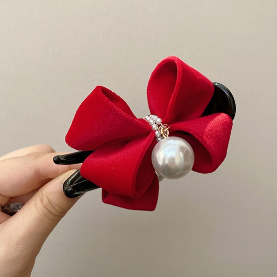 Immagine di 1 Pz Plastica & Velluto Elegante Fermaglio per Capelli Rosso Cravatta a Farfalla Imitata Perla 8cm x 6cm