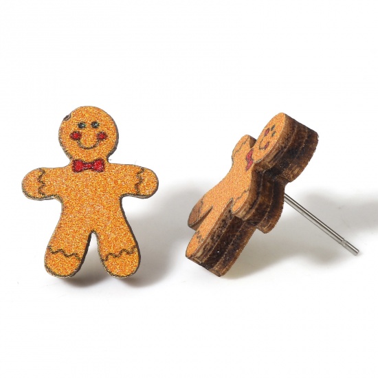 Picture of 2 PCs Wood Ear Post Stud Earrings Multicolor Christmas Ginger Bread Man 17mm x 13mm, Post/ Wire Size: (21 gauge)