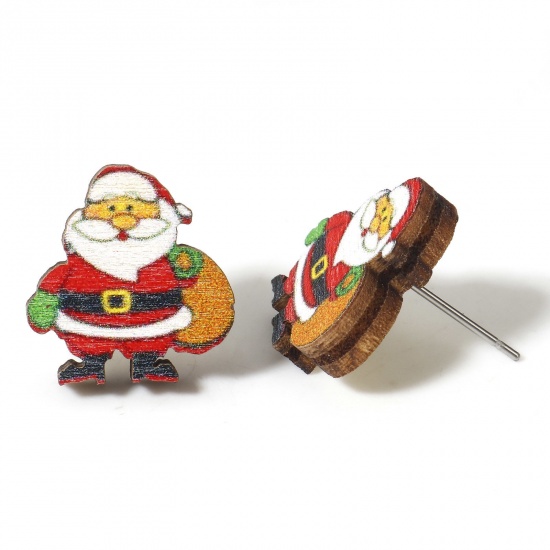 Picture of 2 PCs Wood Ear Post Stud Earrings Multicolor Christmas Santa Claus 16mm x 15mm, Post/ Wire Size: (21 gauge)