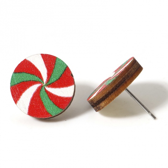 Picture of 2 PCs Wood Ear Post Stud Earrings Multicolor Christmas Baubles 16mm Dia., Post/ Wire Size: (21 gauge)