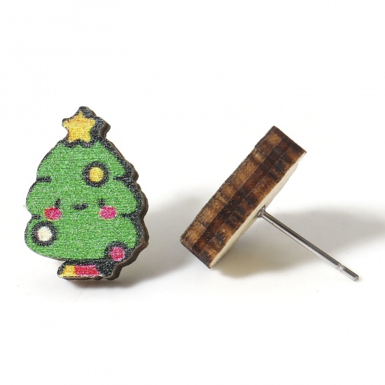 Picture of 2 PCs Wood Ear Post Stud Earrings Multicolor Christmas Tree 17mm x 12mm, Post/ Wire Size: (21 gauge)