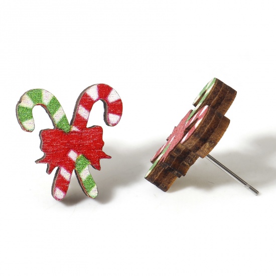 Picture of 2 PCs Wood Ear Post Stud Earrings Multicolor Christmas Candy Cane 16.5mm x 15mm, Post/ Wire Size: (21 gauge)