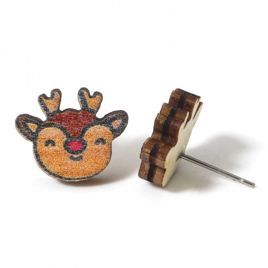 Picture of 2 PCs Wood Ear Post Stud Earrings Multicolor Christmas Reindeer 16mm x 13mm, Post/ Wire Size: (21 gauge)