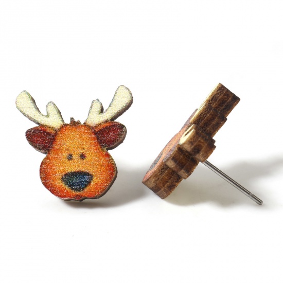 Picture of 2 PCs Wood Ear Post Stud Earrings Multicolor Christmas Reindeer 16mm x 15mm, Post/ Wire Size: (21 gauge)