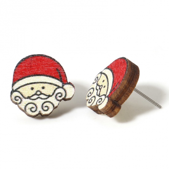 Picture of 2 PCs Wood Ear Post Stud Earrings Multicolor Christmas Santa Claus 16mm x 15mm, Post/ Wire Size: (21 gauge)
