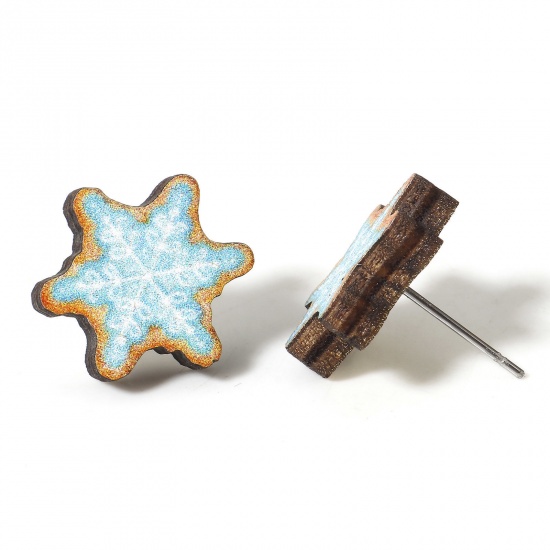 Picture of 2 PCs Wood Ear Post Stud Earrings Multicolor Christmas Snowflake 16mm x 14mm, Post/ Wire Size: (21 gauge)