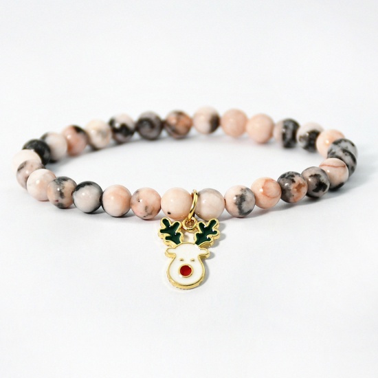 Picture of 1 Piece Stone Retro Charm Bracelets Gold Plated Christmas Reindeer Enamel 18cm(7 1/8") long