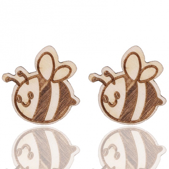 Picture of 1 Pair Wood Pastoral Style Ear Post Stud Earrings Light Brown Bee Animal 1.8cm x 1.8cm