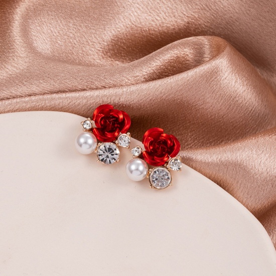Immagine di 1 Paio Elegante Orecchino Rosso Rosa Imitata Perla Trasparente Cubic Zirconiae 2cm
