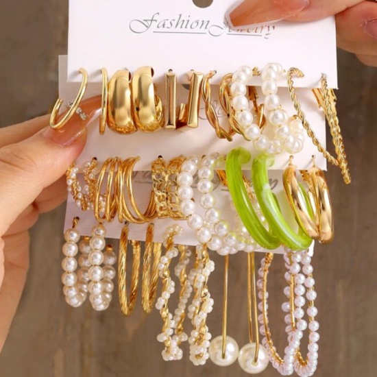 Picture of 1 Set ( 17 Pairs/Set) Stylish Earrings Gold Plated Braided Imitation Pearl 2cm-5cm