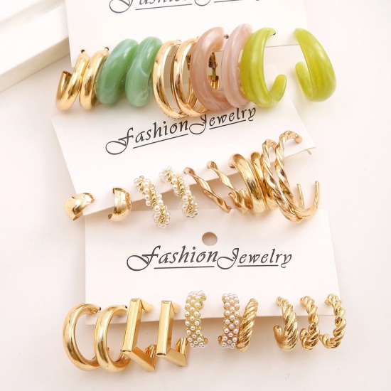 Picture of 1 Set ( 15 Pairs/Set) Stylish Earrings Gold Plated Braided Imitation Pearl 2cm-5cm