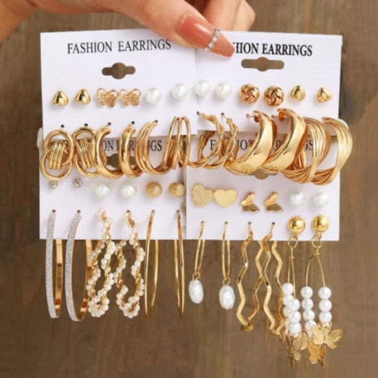 Picture of 1 Set ( 24 Pairs/Set) Stylish Earrings Gold Plated Braided Imitation Pearl 2cm-5cm
