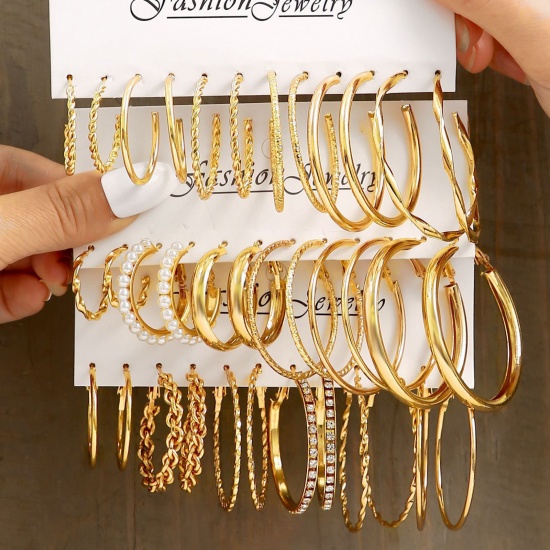 Picture of 1 Set ( 18 Pairs/Set) Stylish Earrings Gold Plated Braided Clear Rhinestone Imitation Pearl 2cm-5cm