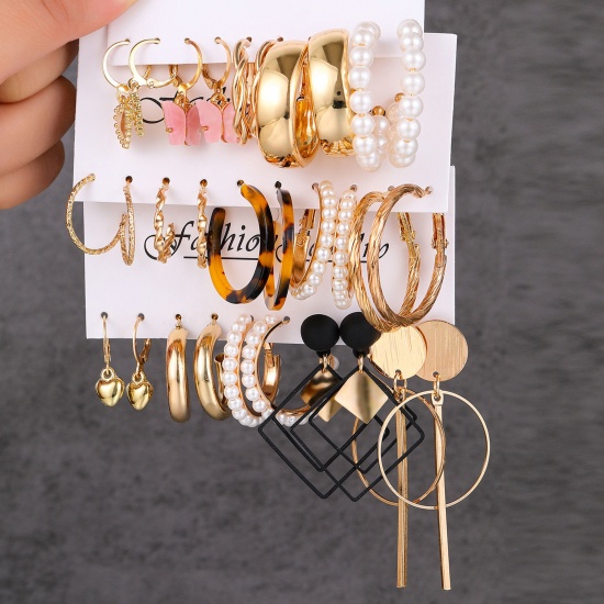 Picture of 1 Set ( 15 Pairs/Set) Stylish Earrings Gold Plated Braided Imitation Pearl 2cm-5cm