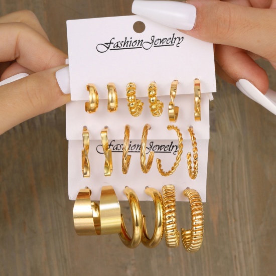 Picture of 1 Set ( 9 Pairs/Set) Stylish Earrings Gold Plated Braided 2cm-5cm