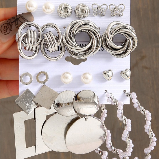 Picture of 1 Set ( 12 Pairs/Set) Stylish Earrings Silver Tone Braided Imitation Pearl 2cm-5cm