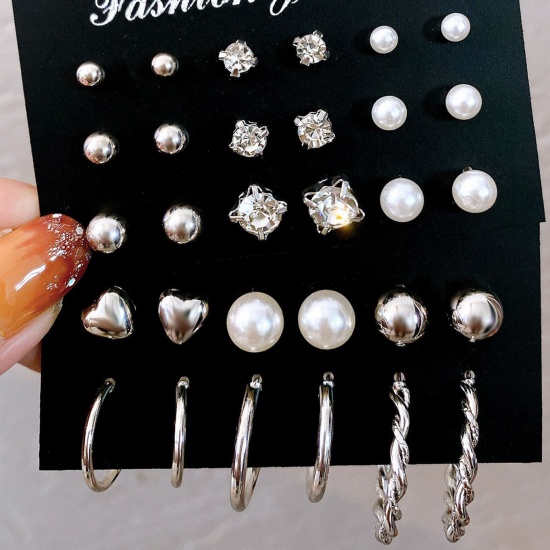 Picture of 1 Set ( 15 Pairs/Set) Stylish Earrings Silver Tone Heart Imitation Pearl 2cm-5cm