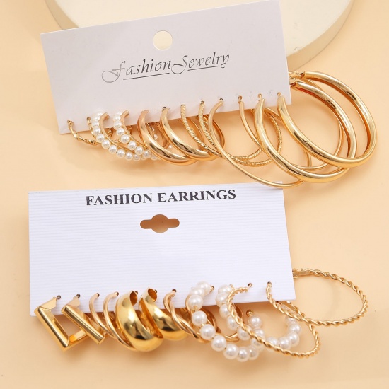 Picture of 1 Set ( 12 Pairs/Set) Stylish Earrings Gold Plated Braided Imitation Pearl 2cm-5cm