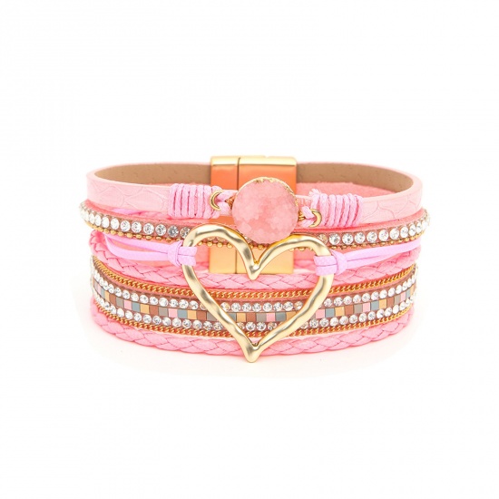 Immagine di 1 Pz PU Cuoio Stile Bohemien Bracciale Multistrato a Strati Oro Placcato Rosa Cuore 19cm Lunghezza