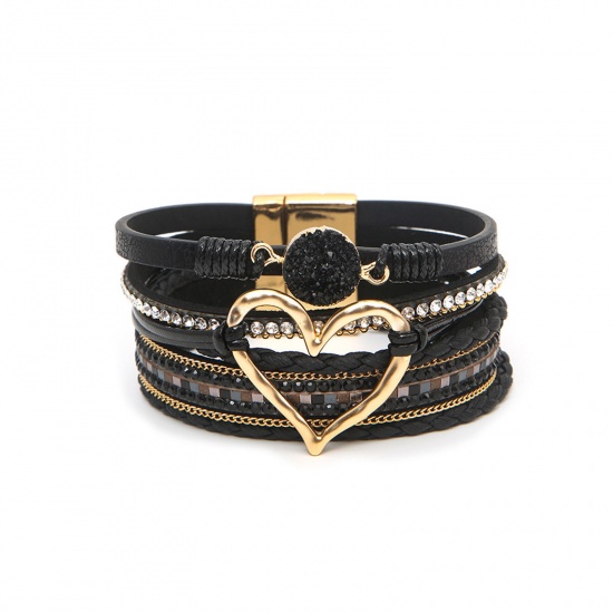 Immagine di 1 Pz PU Cuoio Stile Bohemien Bracciale Multistrato a Strati Oro Placcato Nero Cuore 19cm Lunghezza