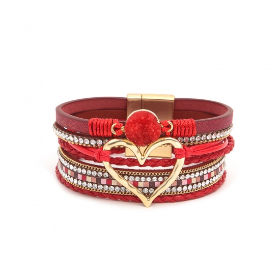 Immagine di 1 Pz PU Cuoio Stile Bohemien Bracciale Multistrato a Strati Oro Placcato Rosso Cuore 19cm Lunghezza