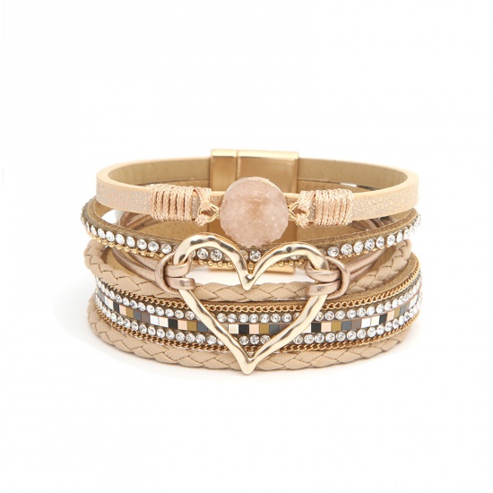 Immagine di 1 Pz PU Cuoio Stile Bohemien Bracciale Multistrato a Strati Oro Placcato Beige Cuore 19cm Lunghezza