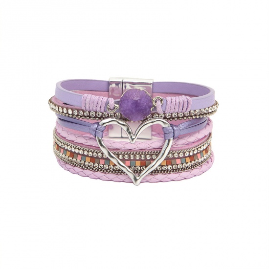 Immagine di 1 Pz PU Cuoio Stile Bohemien Bracciale Multistrato a Strati Tono Argento Colore Viola Cuore 19cm Lunghezza