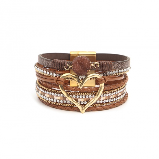 Picture of 1 Piece PU Leather Boho Chic Bohemia Multilayer Layered Bracelet Gold Plated Coffee Heart 19cm(7 4/8") long